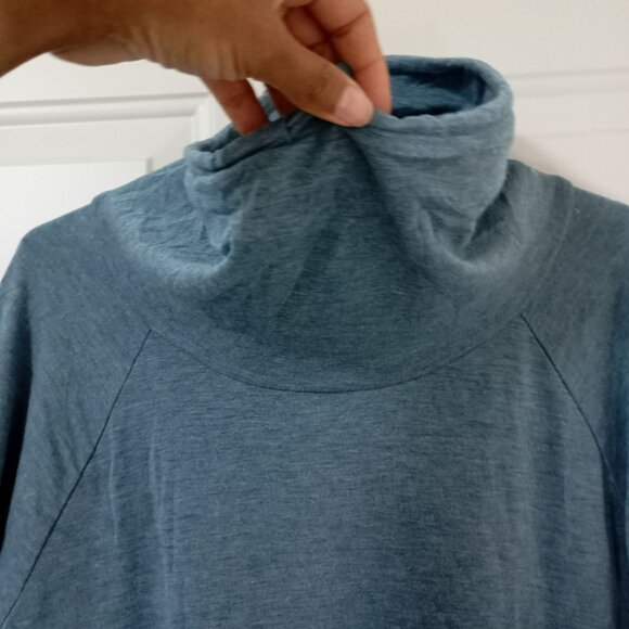 Cowl Neck Blue Soft Knit Tunic Sweater With Kangaroo Pocket Long Sleeve - Picture 5 of 11